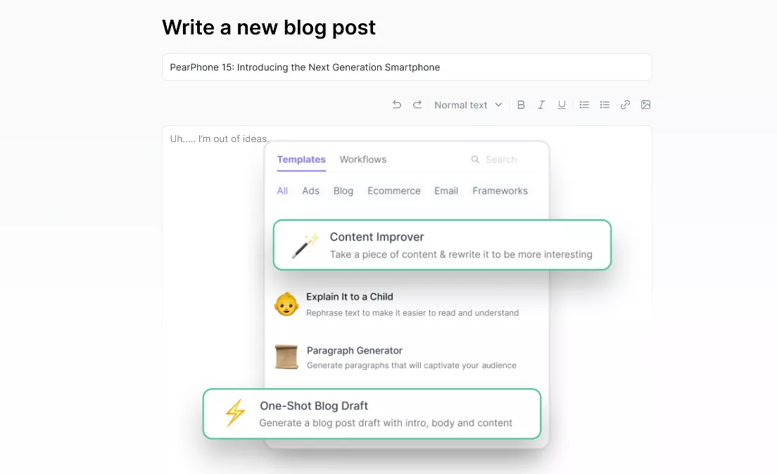 It's great for anyone who needs help writing copy or content on the fly